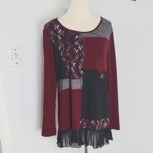 Ronnie Salloway Maroon & Black Patchwork Long Sleeve Top, Sheer Ruffle, Size Med